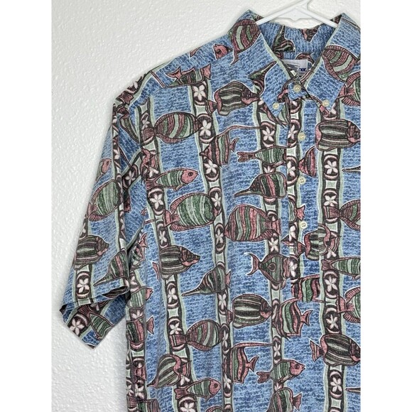 VTG Reyn Spooner Mens Four Button Down Hawaiian Shirt Floral Fish Design XL USA - Picture 3 of 16